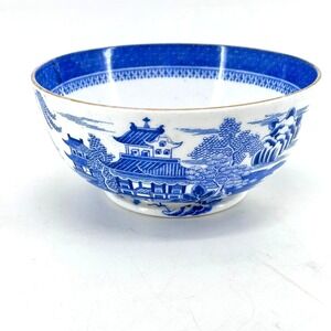 VTG Copeland Blue Willow Transferware Bowl Pagoda Scene Gold Rimmed Blue White